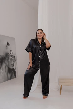 Піжама шовк штани та сорочка plus size XL Чорна