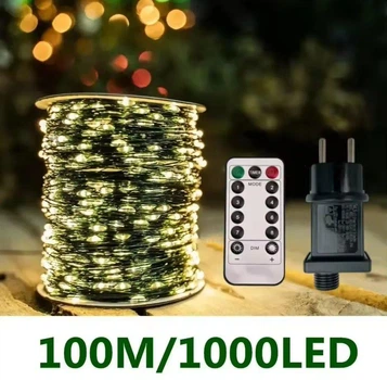 Гирлянда 100 метров 1000 Led нитка капля роса с пультом Sofi3D тёплый белый цвет светодиодная в катушке на зелёном проводе жёлтая для декора в комнату на окно на ёлку на стол гирлянду 2025 100m-ww-gr