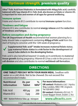 Suplement diety Vitabiotics Ultra Folic Acid 400 µg kwas foliowy 60 tabletek (5021265246151)