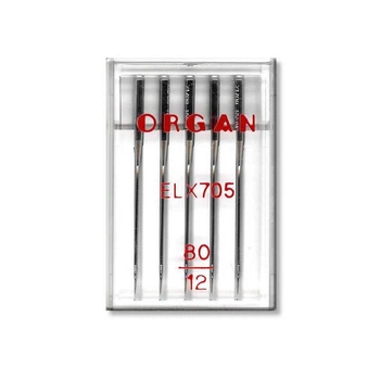 Иглы швейные хромированные ORGAN EL×705 №80 пластиковый бокс 5 штук для оверлока, распошивалки (7041)