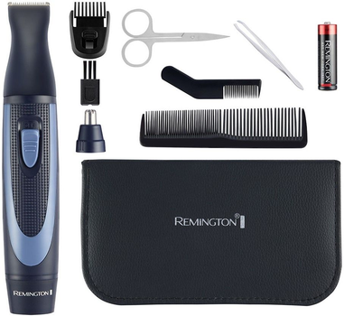 Набір дорожній Remington TRAVEL KIT, для бороди, вусів, носа та вух, насадок-3, чохол, гребінець, пінцет, кусачки, ножиці, сталь, чорно-синій