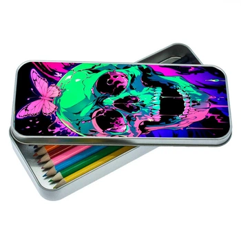 Пенал школьный для мальчика и девочки металлический череп 7*18 см. Silver