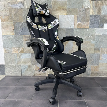Комп'ютерне крісло з екошкіри підставка для ніг PRESTIGE Rob-11 Чорне з камуфляжними вставками Хакі геймерське