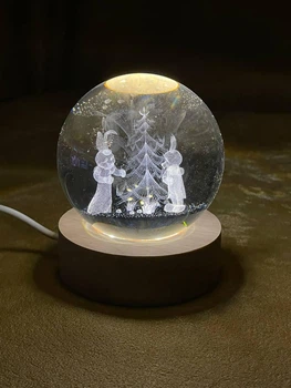 Ночник хрустальный шар 3D в комнате ночной светильник новогодний merry christmas Кролик Зайка Рождественская елка