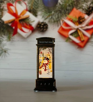 Led Новогодние фонарики "Телефонная будка черная со снеговиком" 12,5 см.