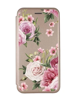 Чохол-книжка золотий з малюнком на Xiaomi Redmi Note 14 4G Рожеві квіти (принт 287)