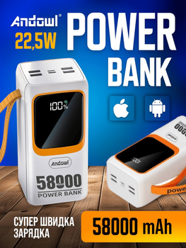 Повербанк умб 50000 mah 22.5w с быстрой зарядкой pd и встроенными кабелями type c lightning Andowl power bank Q-TD88 павербанк для телефона планшета айпада устройств powerbank внешний портативный аккумулятор повербанки большой емкости белый