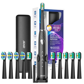 Звукова Зубна Щітка Електрична Портативна Seago Sonic SG2316 10 Насадок + Кейс Для Зберігання + Підставка Доросла Чорна