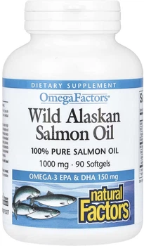 Жирные кислоты Natural Factors Жир дикого аляскинского лосося OmegaFactors Wild Alaskan Salmon Oil 90 гелевых капсул 1000 мг (068958022567)