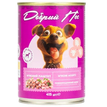 Корм Добрий Пес, д/дорослих собак паштет м'ясне асорті, 415 гр. ж/б (8шт в уп)