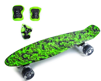 Набор СкейтБорд Penny Board. MILITARY + защита на колени, локти и ладони. Колеса светятся при катании!