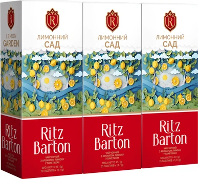Упаковка чая черного Ritz Barton Lemon Garden Байховый 25 пакетиков х 1.5 г x 3 пачки (4820279611266)