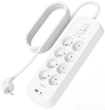 Listwa zasilająca Belkin Power Surge 8-port + 1 x USB-A +1 x USB-C 2.4 A PD 900J 2 m White (SRB003CA2M)