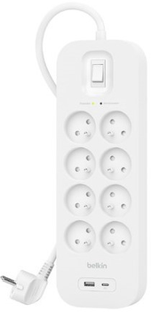 Listwa zasilająca Belkin Power Surge 8-port + 1 x USB-A +1 x USB-C 2.4 A PD 900J 2 m White (SRB003CA2M)