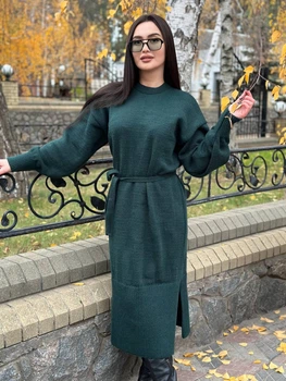 Теплое платье с поясом изумрудного цвета 30083 One Size