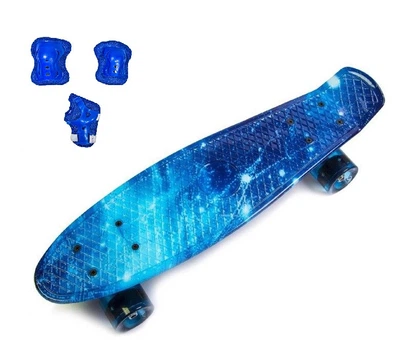 Набор СкейтБорд Penny Board. SPACE + защита на колени, локти и ладони. Колеса светятся при катании!