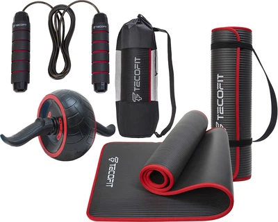 Набор Коврик/мат TECOFIT NBR с отделкой края тканью 183x61x1 см Black-Red + чехол-сумка в подарок (TOP18124795) + Колесо для пресса (гимнастический тренажер) TECOFIT 25х13х21.5 см (TOP20056137) + Скакалка TECOFIT с пенопластовой ручкой (TOP20066201)