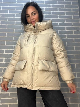 Куртка женская Lady Yep 9013 пуффер удлиненная наложенные карманы с капюшоном 46 бежевая