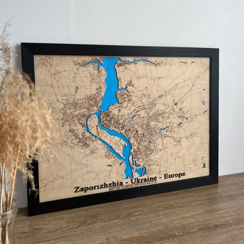 Дерев'яна мапа Love home Запоріжжя 80х60 см в темній рамі (ZPRZH-Т-80X60)