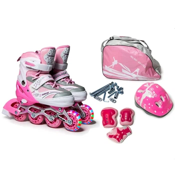 Детские раздвижные ролики 34-37 с комплектом защиты и шлемом Happy Pink подсветка колеса