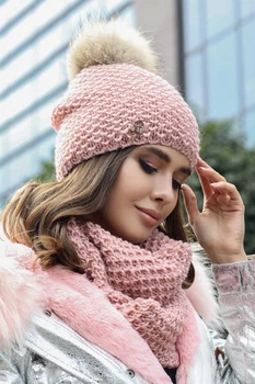 Комплект шапка с бубоном и снуд осень-зима Кларк BRAXTON 4723-8 пудра 56-58р
