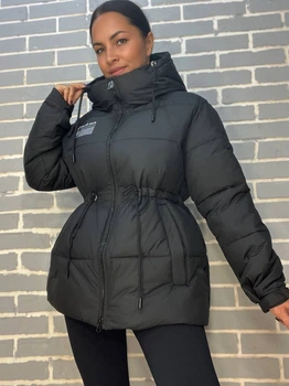 Куртка женская Lady Yep 9020 удлиненная затяжка шнурок на талии надпись на груди 46 черная