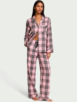 Пижама фланелевая Victoria's Secret Flannel Long Pajama Set (рубашка+штани) S Розовая клеточка