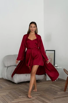 Комплект женский шелковый халат и ночная рубашка Valerie L-XL бордовый