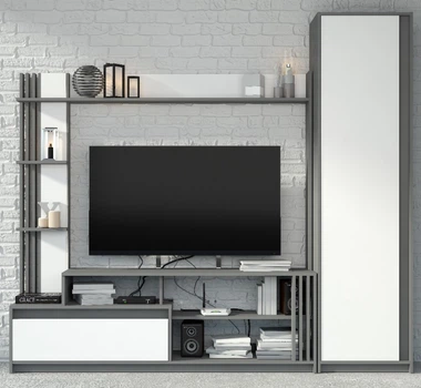 Стінка для ТБ Брайт, гірка у вітальню з шафою 2220 х 376 х 2000 h Майстер Форм ДСП Антрацит / фасад БІЛИЙ (правостороння) 20658