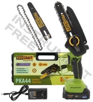 Аккумуляторная цепная мини пила ProCraft PKA-44 (бесщеточная, 1 аккумулятор, зарядное устройство, 2 шины и 2 цепи, 152мм и 203мм, кейс)
