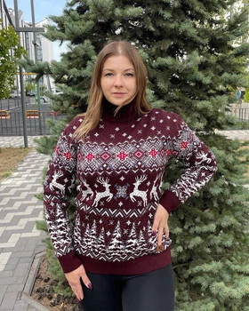 Женский новогодний свитер с оленями "Christmas deer" Бордовый, под шею, размер M