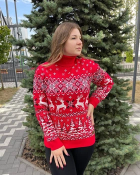 Жіночий новорічний светр з оленями "Christmas deer" Червоний, під шию, розмір М