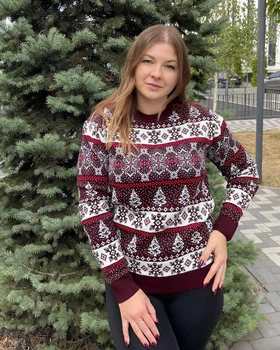 Женский новогодний свитер с оленями "Snowflake" Бордовый, размер L