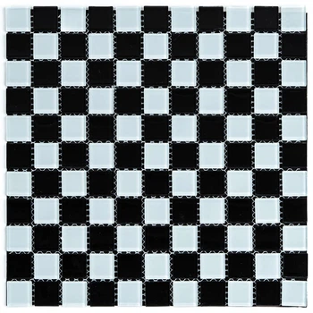 Самоклеющаяся декоративная стенная плитка стеклянная 3D мозаика для интерьера кухни и ванной 298×298 мм Шахматка Черно-Белая