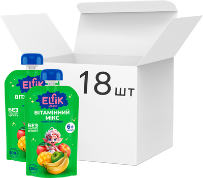 Упаковка детского пюре Elfik Magic Витаминный микс из яблок, персиков, бананов, манго и витамином С без сахара 100 г х 18 шт (4820266361723)