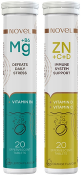 Набор Витамины шипучие Novel Immune System Support Vitamin C + Zinc + D 20 таблеток (8586015311697) + Витамины шипучие Novel Defeats Daily Stress Magnesium + B6 20 таблеток (7649991456026)