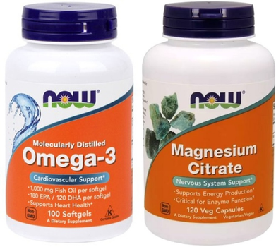 Набор Минерал Now Foods Цитрат Магния Magnesium Citrate 120 капсул (733739012944) + Жирные кислоты Now Foods Омега-3 1000 мг 100 желатиновых капсул (733739016508)