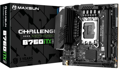Мат.плата lga1700, Maxsun Terminator b760itx d5, b760, 2xDDR5, Int.Video(CPU), 4xSATA3, 1xPCI-E 16x 5.0, 2xM.2 4.0, Dual lan 2.5g+1g, alc8 , 2xDP/2xHDMI, Mini-ITX (MS-Challenger b760itx d5)