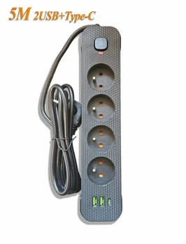 Сетевой фильтр-удлинитель 5м Power Strip 4 розетки 2xUSB-A 1xUSB-C с заземлением