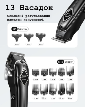 Беспроводная Профессиональная машинка GLAKER 11S + Триммер 13F для стрижки волос 13 в 1 с насадками премиум-класса, коническим рычагом, 4+1.5 часами роботы, 2000 mAh, 8W, черный
