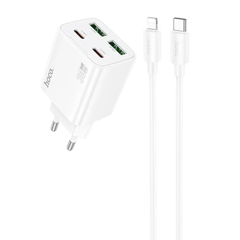 Быстрая зарядка для телефона USB Type-C / Сетевое зарядное устройство Hoco N56 Fundador PD30W+QC3.0 (2USB-A/2C) + кабель Type-C to Lightning (белый)