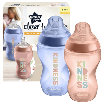 Butelki do karmienia dzieci Tommee Tippee Closer To Nature ze smoczkiem silikonowym 3 m + Kindness, 2x340ml (5010415226303)