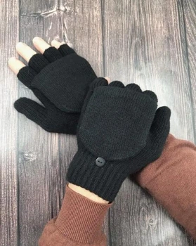 Мужские шерстяные перчатки-варежки с отворотом Черные R1305