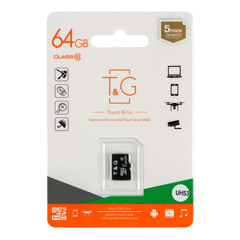 MicroSDXC карта памяти T&G вместимостью 64GB с классом скорости UHS-3 и Class 10, черная, без адаптера.