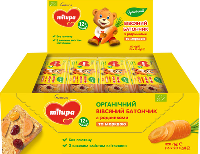Упаковка органічних вівсяних батончиків Milupa Родзинки - Морква від 12 місяців 16 шт х 20 г (4820226169260)