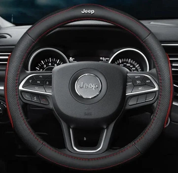 Чохол на кермо DLCar для автомобіля Jeep натуральна чорна шкіра з червоною прошивкою
