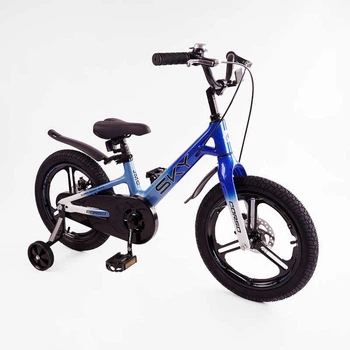 Детский двухколёсный велосипед CORSO Sky SK-16053 16" дюймов, магниевая рама, съемные страховочные колеса, дисковые тормоза, Синий