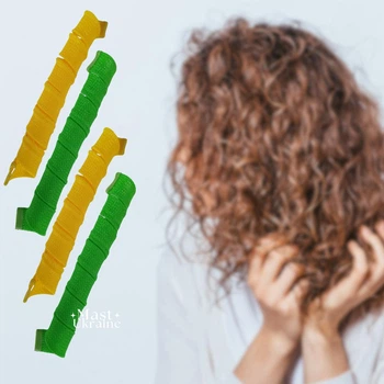 Бігуді для волосся спіральні з гачком 18 шт Hair WavZ, універсальний набір для завивки локонів і кучерів для довгого та середнього волосся, чарівні бігуді без нагріву Зелено-жовті, WZ-15
