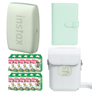Подарунковий набір до фотопринтера Fujifilm Instax Mini Link3 Sage Green / Чохол білий / Фотоальбом мʼятний на 108 знімків/ Фотопапір 100 знімків