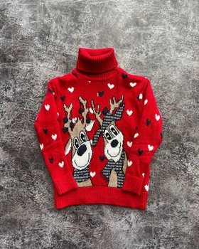 Свитер с оленями для мальчика "Deer in hearts" Красный (8-9 лет, 128-134 см)